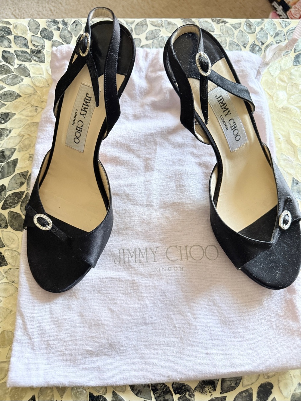 Jimmy Choo Black Satin Crystal-Accent Slingback Heels